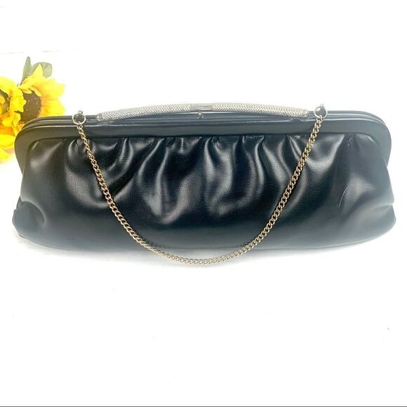 VTG 70s Black Vinyl Clutch Evening Bag Chain Strap - Picture 9 of 15